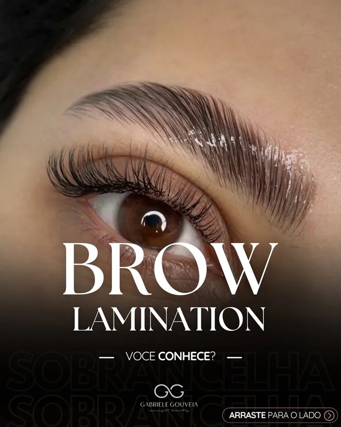 Detalhe de brow lamination — sobrancelha alinhada e alongada, serviço do Studio Concept Beauty